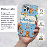 Cute Cartoon Safari Animals with Stars on Blue Custom Name Protective Phone Case Mobile Cover Durable Everyday Smartphone Shock Resistant
