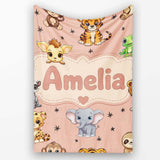 Cute Cartoon Safari Animals with Stars on Peach Background Nursery  Personalised Custom Name Super Soft Fleece Blanket Bed Sofa Throw