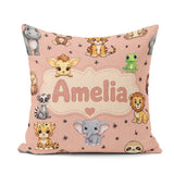Custom Name Cartoon Safari Animals with Stars on Peach Nursery Square Filled Cushion Throw Pillow Sofa Bed Home Decor Zip Washable UK Made