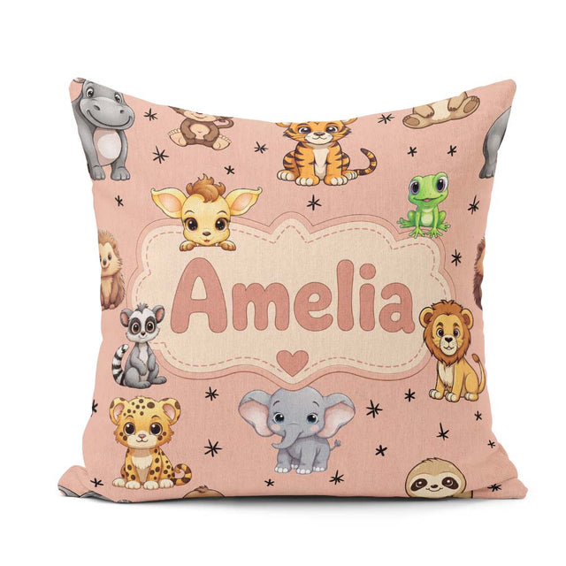 Custom Name Cartoon Safari Animals with Stars on Peach Nursery Square Filled Cushion Throw Pillow Sofa Bed Home Decor Zip Washable UK Made