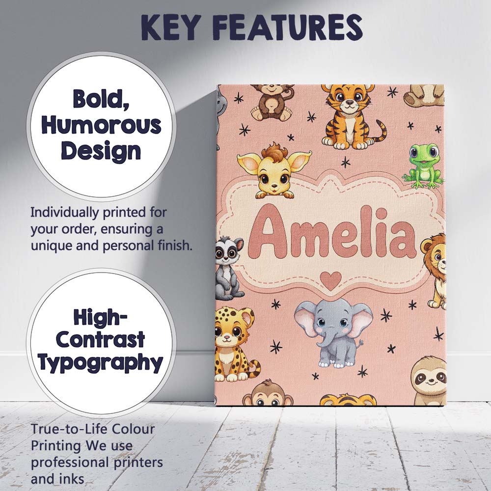 Personalised Name Cute Cartoon Safari Custom Modern Room Accent Creative Decorator Style Canvas Wall Art Print Decor Picture Ready to Hang