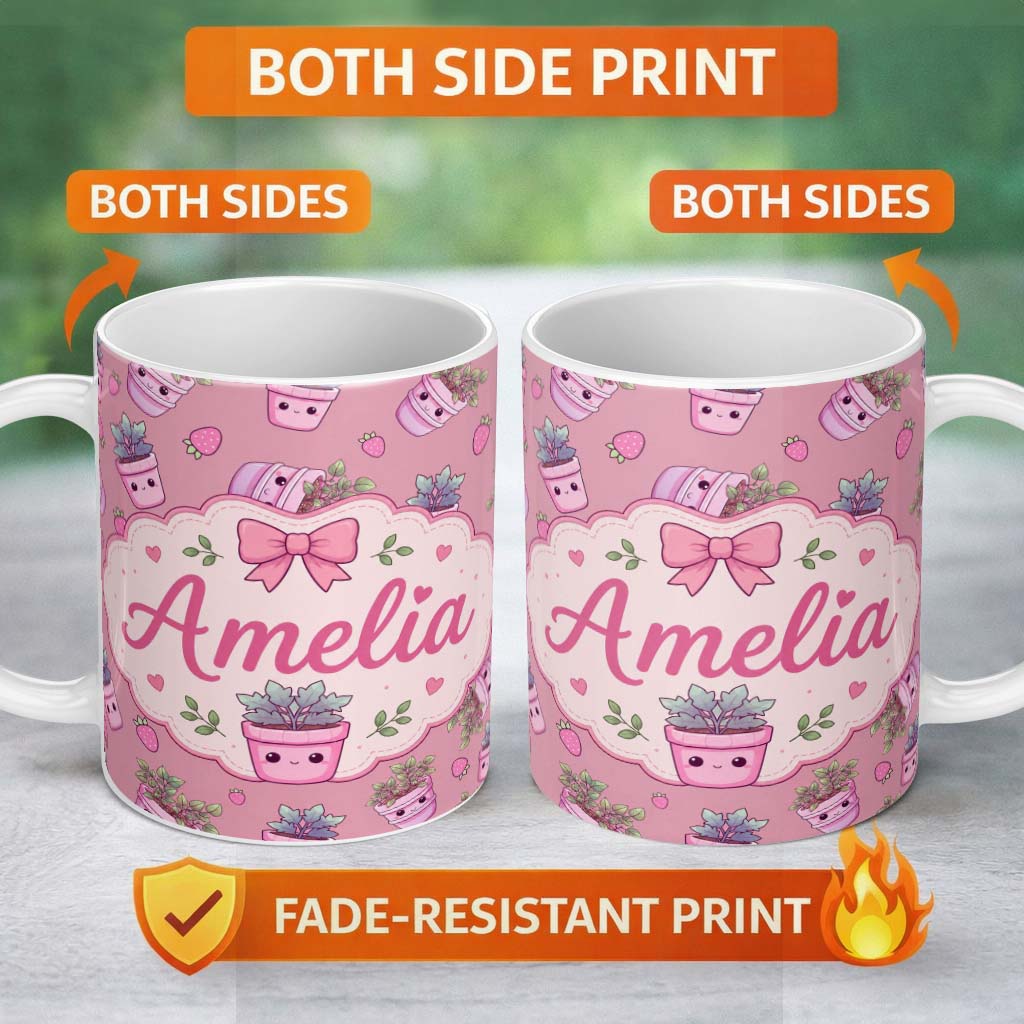 Personalized Custom Name Cute Pink Plant Pots Leaves Strawberry Seamless Pattern Rose Lovely 11oz Ceramic Coffee Tea Mug White Large Handle