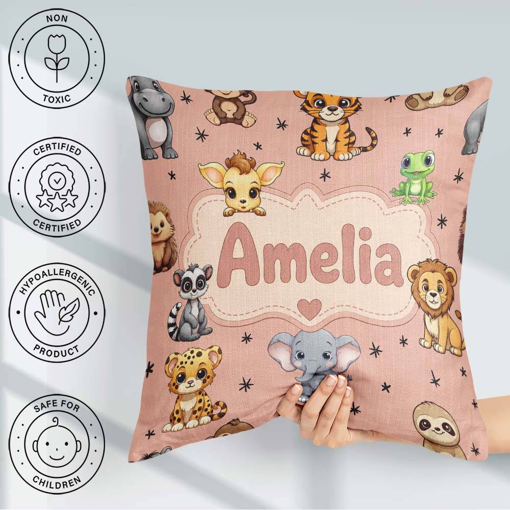 Custom Name Cartoon Safari Animals with Stars on Peach Nursery Square Filled Cushion Throw Pillow Sofa Bed Home Decor Zip Washable UK Made