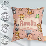 Custom Name Cartoon Safari Animals with Stars on Peach Nursery Square Filled Cushion Throw Pillow Sofa Bed Home Decor Zip Washable UK Made