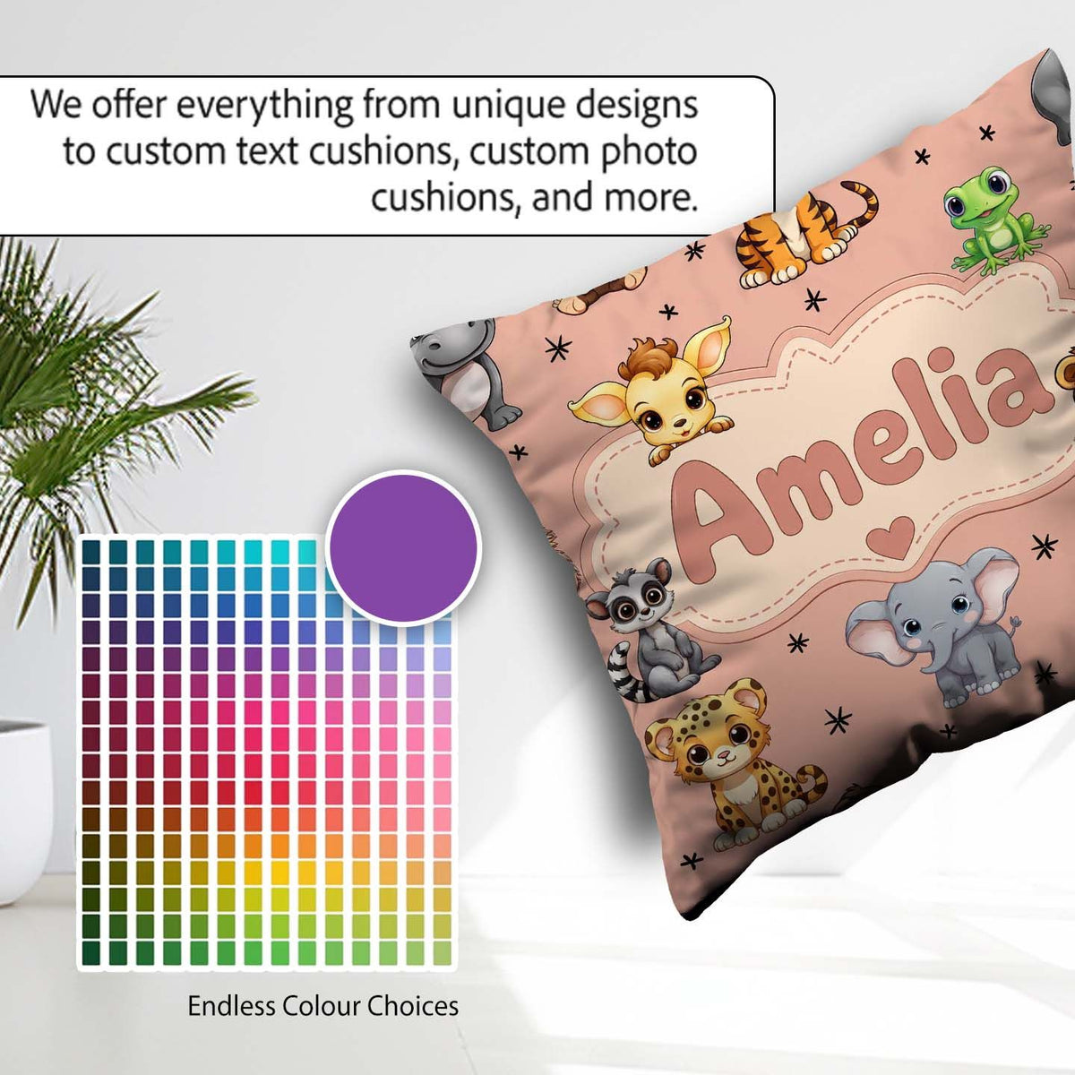 Custom Name Cartoon Safari Animals with Stars on Peach Nursery Square Filled Cushion Throw Pillow Sofa Bed Home Decor Zip Washable UK Made