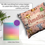 Custom Name Cartoon Safari Animals with Stars on Peach Nursery Square Filled Cushion Throw Pillow Sofa Bed Home Decor Zip Washable UK Made