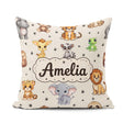 Custom Name Cartoon Safari Animals with Stars on Beige Nursery Square Filled Cushion Throw Pillow Sofa Bed Home Decor Zip Washable UK Made