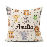 Custom Name Cartoon Safari Animals with Stars on Beige Nursery Square Filled Cushion Throw Pillow Sofa Bed Home Decor Zip Washable UK Made