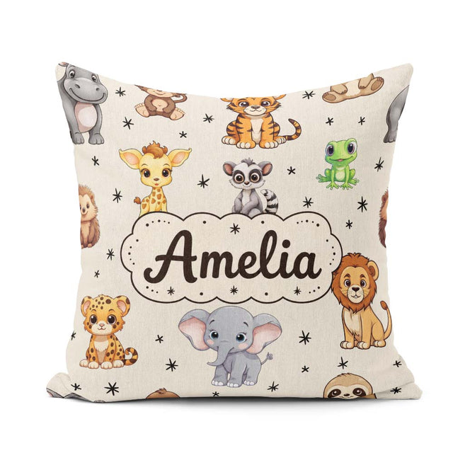 Custom Name Cartoon Safari Animals with Stars on Beige Nursery Square Filled Cushion Throw Pillow Sofa Bed Home Decor Zip Washable UK Made