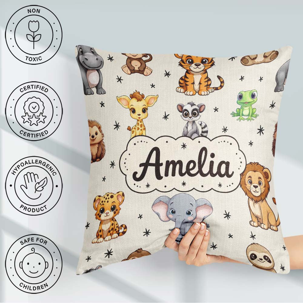 Custom Name Cartoon Safari Animals with Stars on Beige Nursery Square Filled Cushion Throw Pillow Sofa Bed Home Decor Zip Washable UK Made