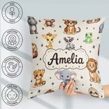 Custom Name Cartoon Safari Animals with Stars on Beige Nursery Square Filled Cushion Throw Pillow Sofa Bed Home Decor Zip Washable UK Made