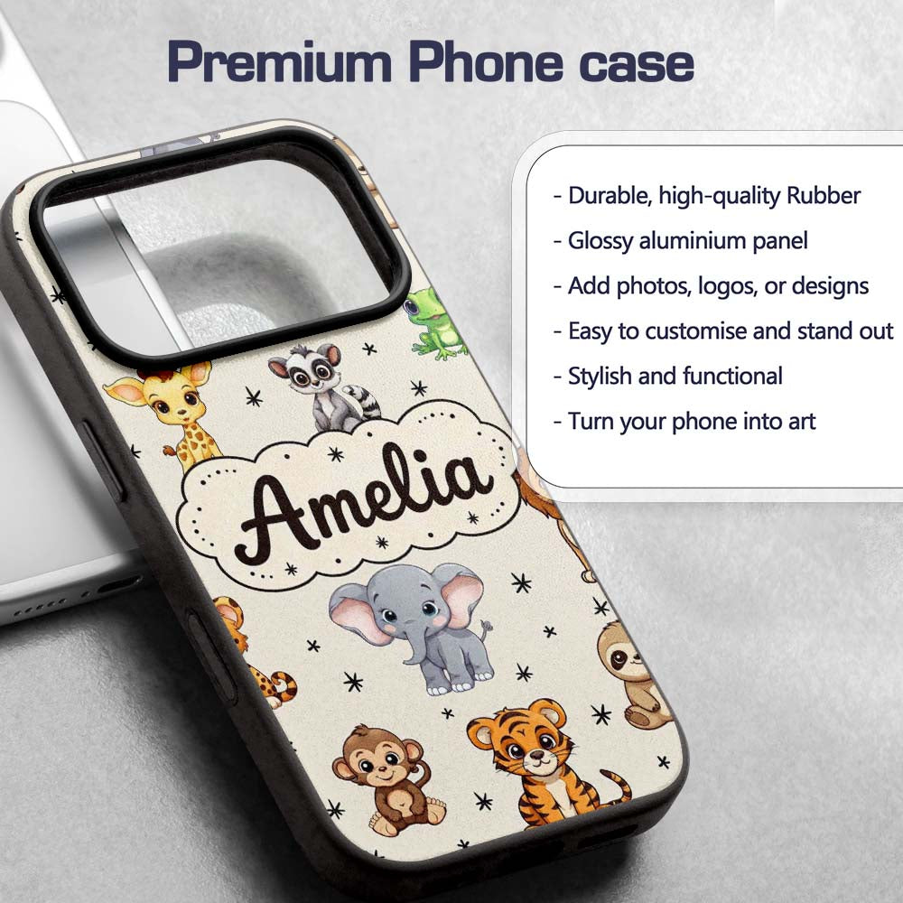 Cute Cartoon Safari Animals with Stars on Beige Custom Name Protective Phone Case Mobile Cover Durable Everyday Smartphone Shock Resistant