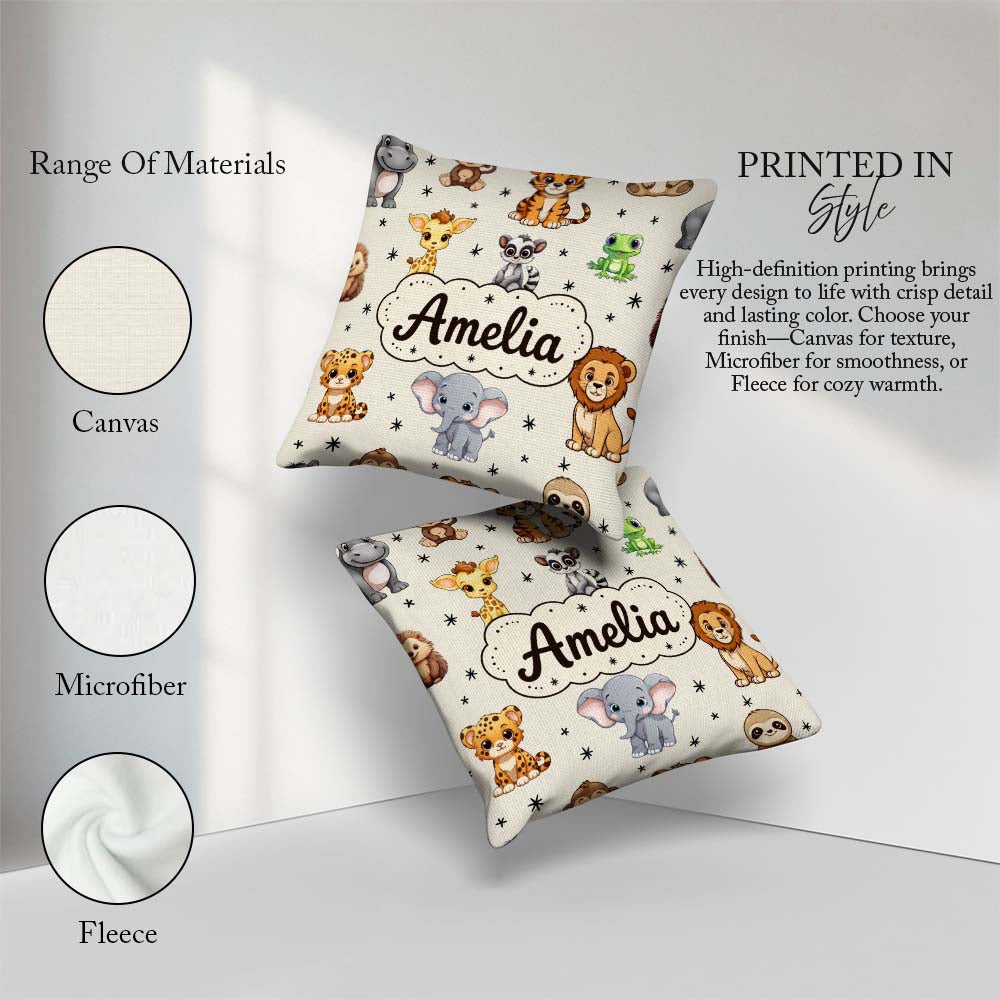 Custom Name Cartoon Safari Animals with Stars on Beige Nursery Square Filled Cushion Throw Pillow Sofa Bed Home Decor Zip Washable UK Made