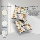 Custom Name Cartoon Safari Animals with Stars on Beige Nursery Square Filled Cushion Throw Pillow Sofa Bed Home Decor Zip Washable UK Made