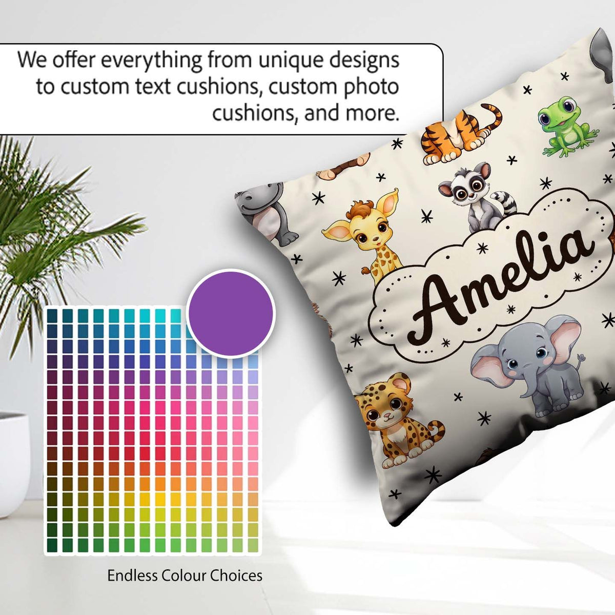 Custom Name Cartoon Safari Animals with Stars on Beige Nursery Square Filled Cushion Throw Pillow Sofa Bed Home Decor Zip Washable UK Made