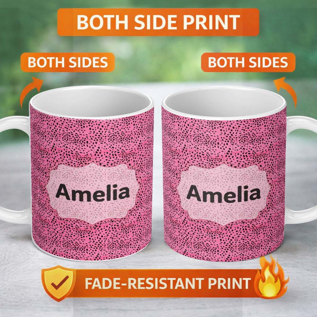 Personalized Custom Name Pink Dense Black Dot Seamless Pattern Bold Speckled Texture Design 11oz Ceramic Coffee Tea Mug White Large Handle