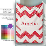 Red Glitter Chevron Pattern Festive Bold Seamless Design Lovely  Personalised Custom Name Super Soft Fleece Blanket Bed Sofa Throw