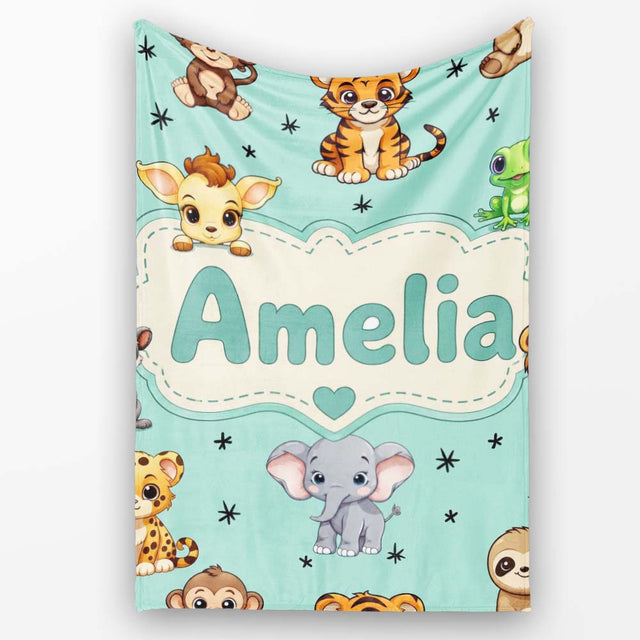 Cute Cartoon Safari Animals with Stars on Mint Background Nursery  Personalised Custom Name Super Soft Fleece Blanket Bed Sofa Throw