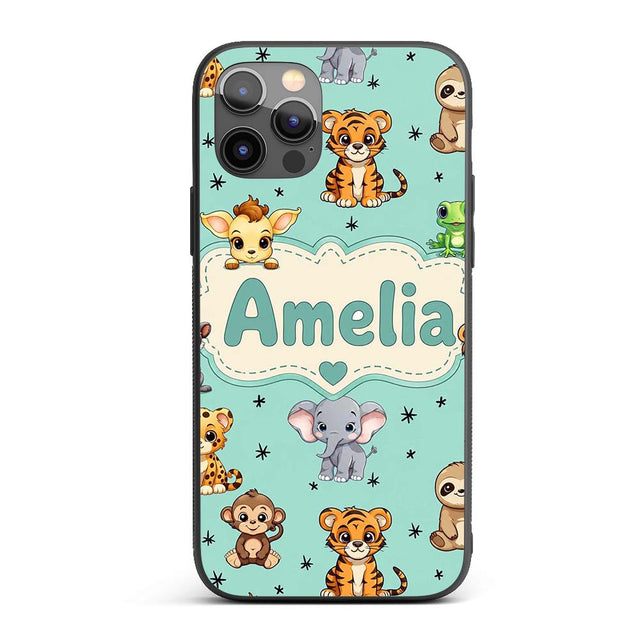 Cute Cartoon Safari Animals with Stars on Mint Custom Name Protective Phone Case Mobile Cover Durable Everyday Smartphone Shock Resistant