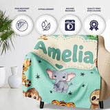 Cute Cartoon Safari Animals with Stars on Mint Background Nursery  Personalised Custom Name Super Soft Fleece Blanket Bed Sofa Throw