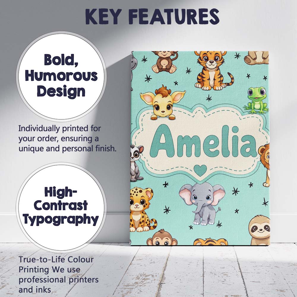 Personalised Name Cute Cartoon Safari Custom Modern Room Accent Creative Decorator Style Canvas Wall Art Print Decor Picture Ready to Hang