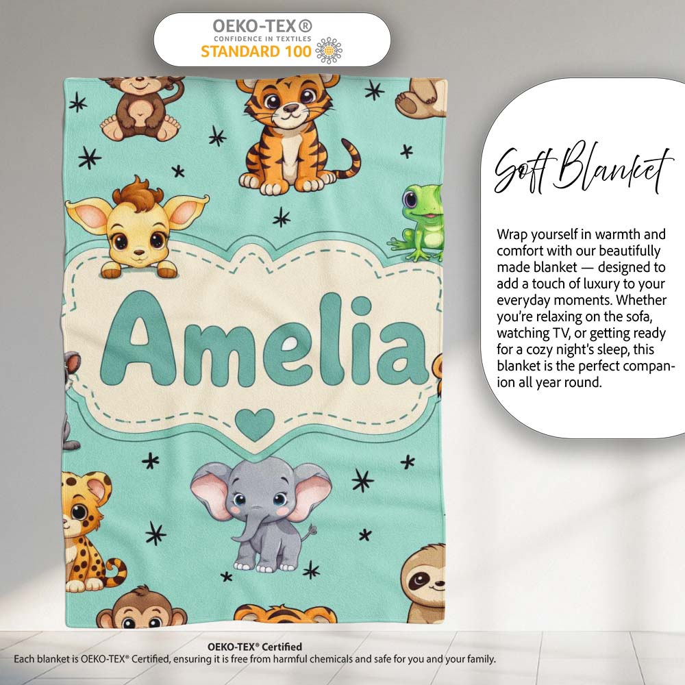 Cute Cartoon Safari Animals with Stars on Mint Background Nursery  Personalised Custom Name Super Soft Fleece Blanket Bed Sofa Throw