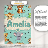 Cute Cartoon Safari Animals with Stars on Mint Background Nursery  Personalised Custom Name Super Soft Fleece Blanket Bed Sofa Throw