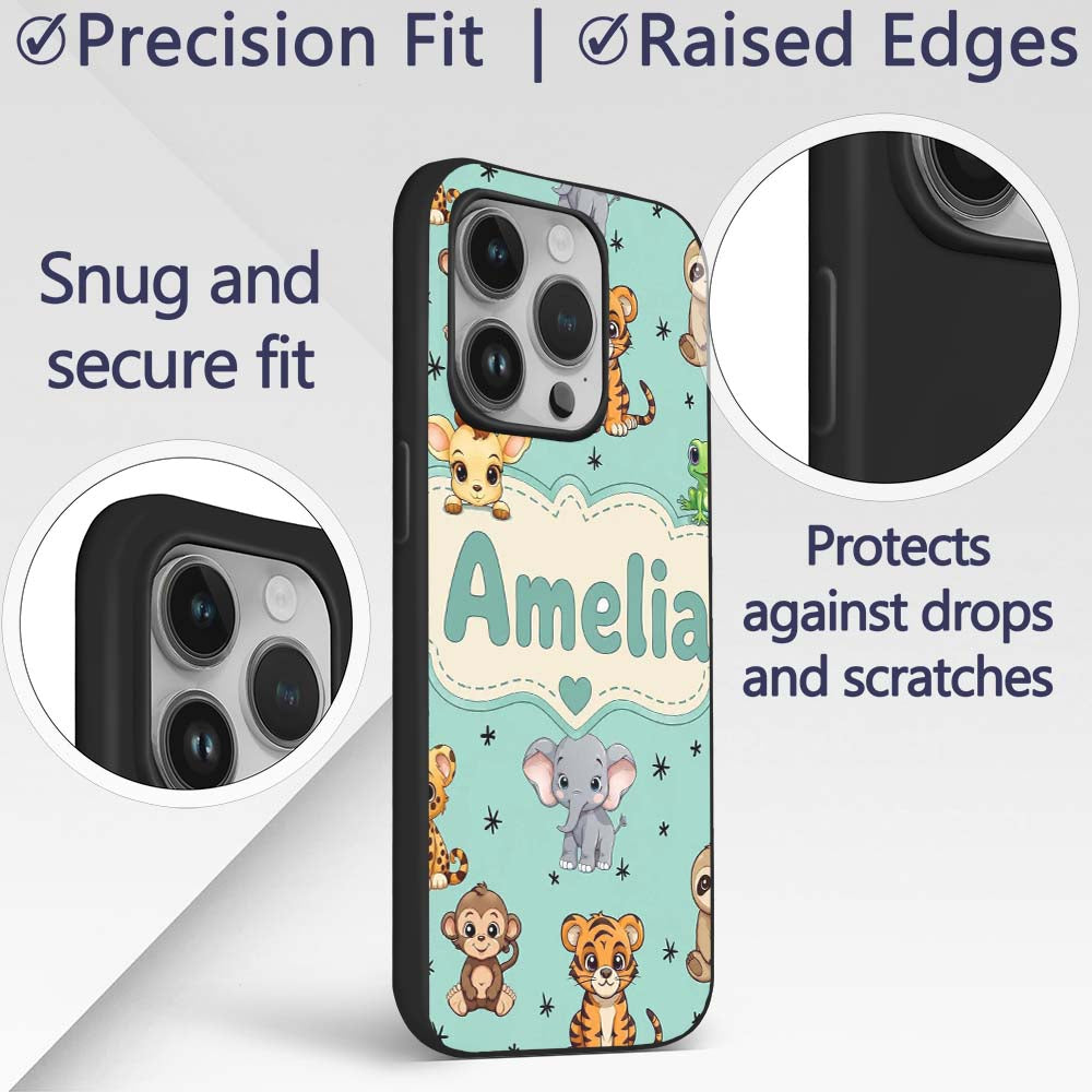 Cute Cartoon Safari Animals with Stars on Mint Custom Name Protective Phone Case Mobile Cover Durable Everyday Smartphone Shock Resistant