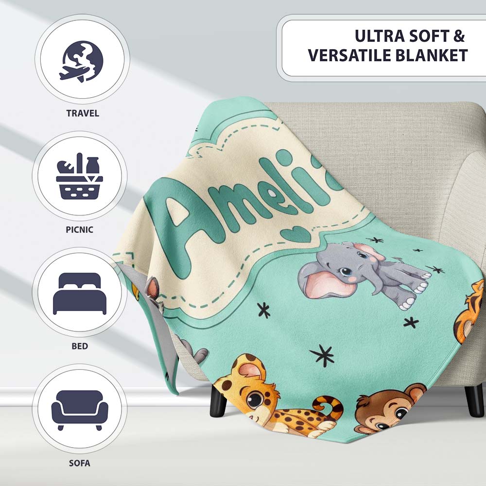Cute Cartoon Safari Animals with Stars on Mint Background Nursery  Personalised Custom Name Super Soft Fleece Blanket Bed Sofa Throw