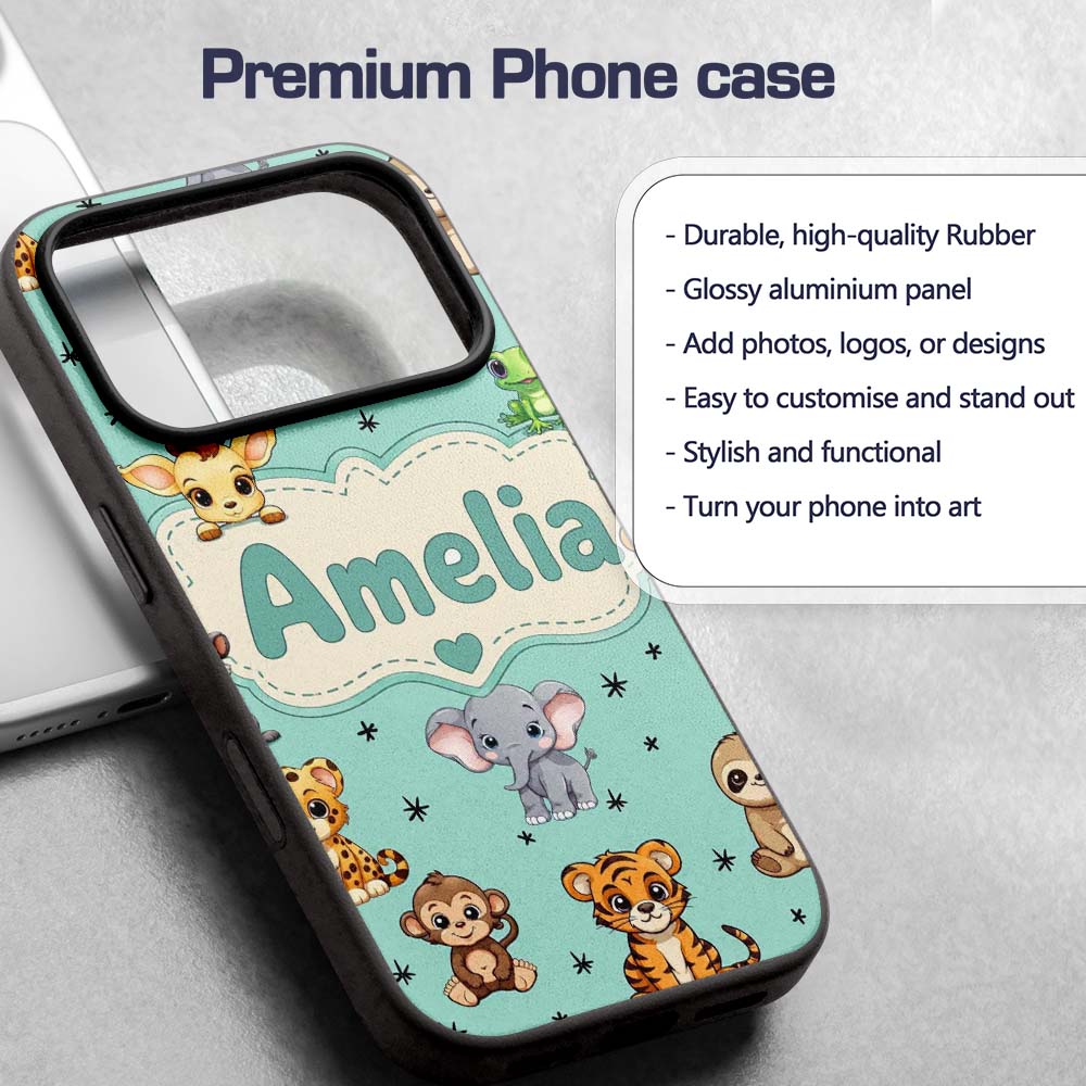 Cute Cartoon Safari Animals with Stars on Mint Custom Name Protective Phone Case Mobile Cover Durable Everyday Smartphone Shock Resistant