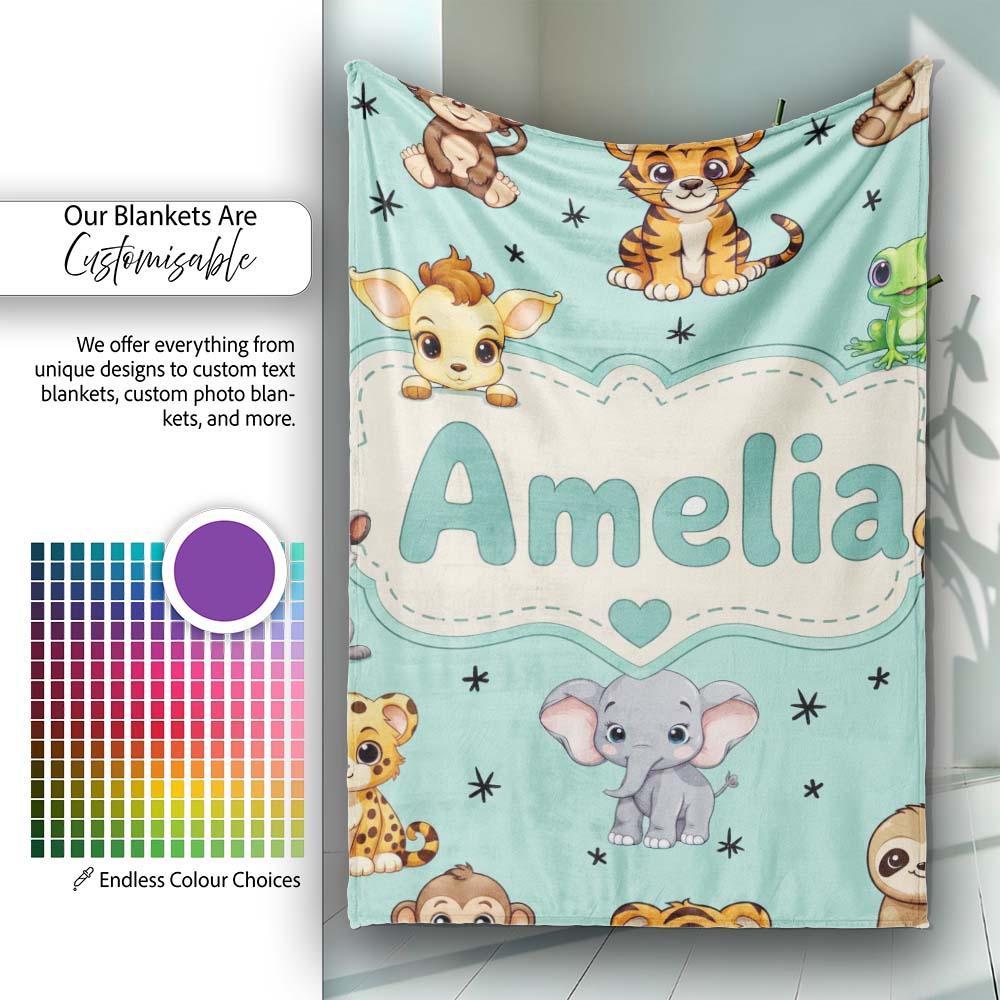 Cute Cartoon Safari Animals with Stars on Mint Background Nursery  Personalised Custom Name Super Soft Fleece Blanket Bed Sofa Throw