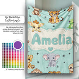 Cute Cartoon Safari Animals with Stars on Mint Background Nursery  Personalised Custom Name Super Soft Fleece Blanket Bed Sofa Throw