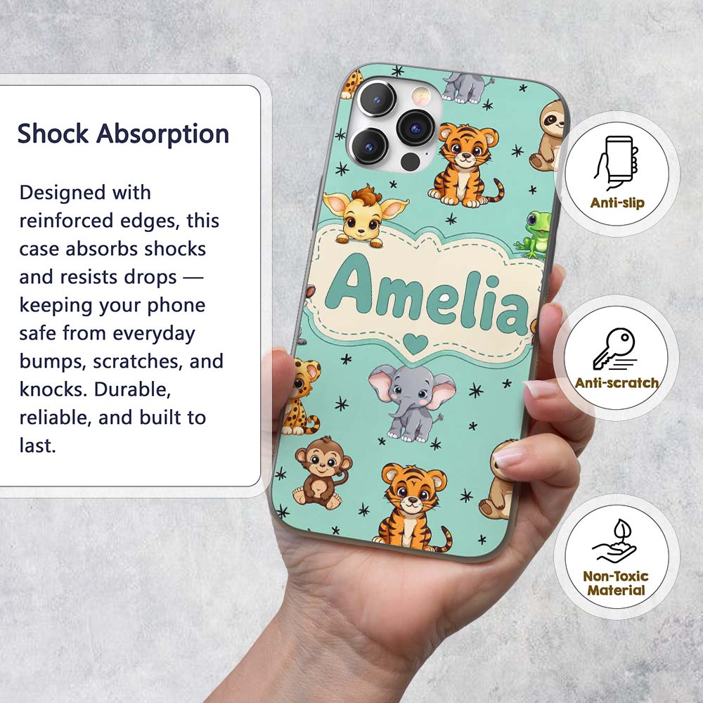 Cute Cartoon Safari Animals with Stars on Mint Custom Name Protective Phone Case Mobile Cover Durable Everyday Smartphone Shock Resistant
