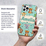 Cute Cartoon Safari Animals with Stars on Mint Custom Name Protective Phone Case Mobile Cover Durable Everyday Smartphone Shock Resistant