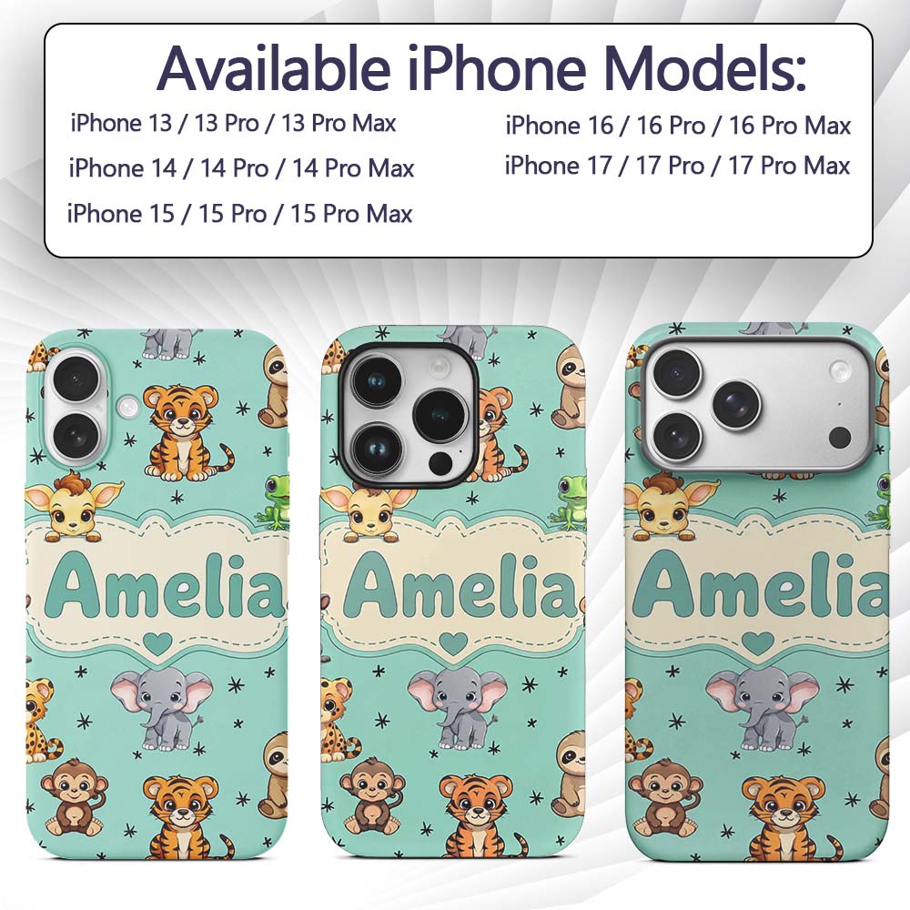 Cute Cartoon Safari Animals with Stars on Mint Custom Name Protective Phone Case Mobile Cover Durable Everyday Smartphone Shock Resistant