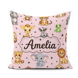 Custom Name Cartoon Safari Animals with Stars on Pink Background Square Filled Cushion Throw Pillow Sofa Bed Home Decor Zip Washable UK Made