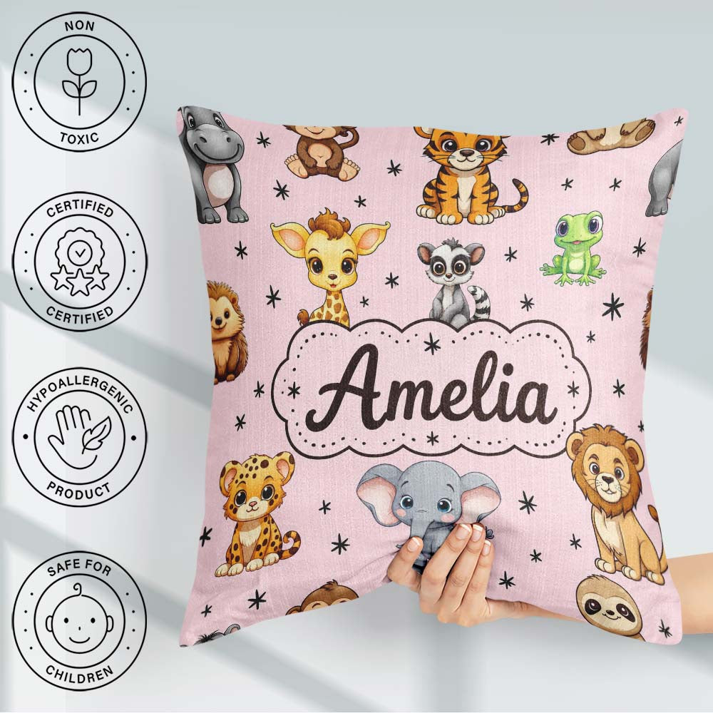 Custom Name Cartoon Safari Animals with Stars on Pink Background Square Filled Cushion Throw Pillow Sofa Bed Home Decor Zip Washable UK Made