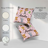 Custom Name Cartoon Safari Animals with Stars on Pink Background Square Filled Cushion Throw Pillow Sofa Bed Home Decor Zip Washable UK Made