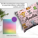 Custom Name Cartoon Safari Animals with Stars on Pink Background Square Filled Cushion Throw Pillow Sofa Bed Home Decor Zip Washable UK Made