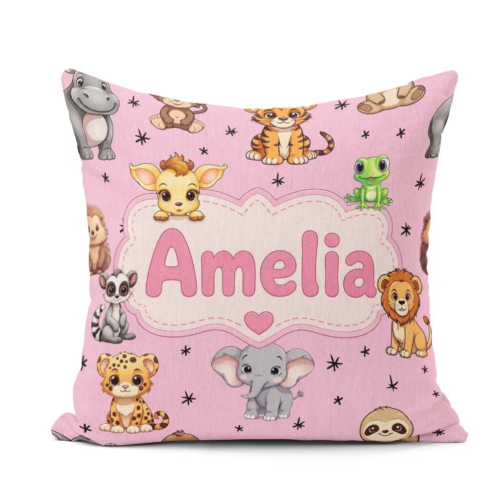 Custom Name Cute Cartoon Safari Animals with Stars on Soft Pink Square Filled Cushion Throw Pillow Sofa Bed Home Decor Zip Washable UK Made