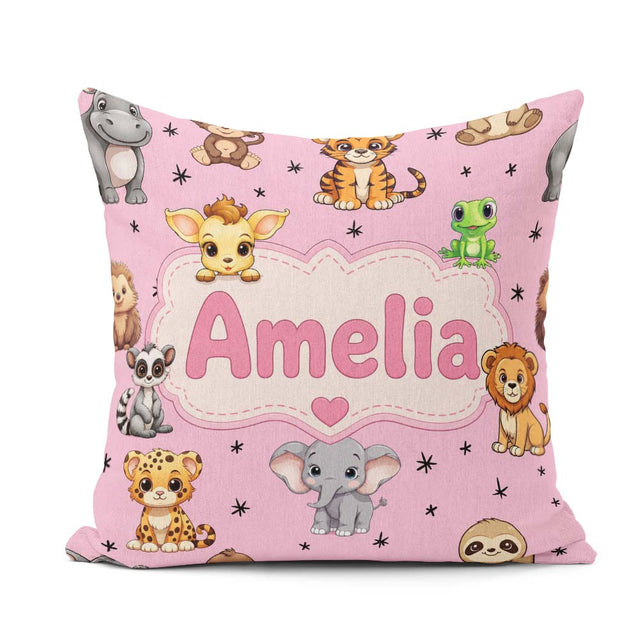 Custom Name Cute Cartoon Safari Animals with Stars on Soft Pink Square Filled Cushion Throw Pillow Sofa Bed Home Decor Zip Washable UK Made