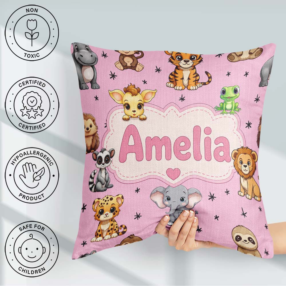 Custom Name Cute Cartoon Safari Animals with Stars on Soft Pink Square Filled Cushion Throw Pillow Sofa Bed Home Decor Zip Washable UK Made