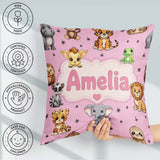 Custom Name Cute Cartoon Safari Animals with Stars on Soft Pink Square Filled Cushion Throw Pillow Sofa Bed Home Decor Zip Washable UK Made