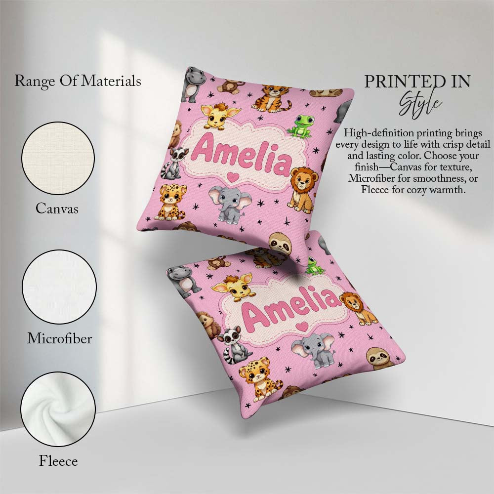 Custom Name Cute Cartoon Safari Animals with Stars on Soft Pink Square Filled Cushion Throw Pillow Sofa Bed Home Decor Zip Washable UK Made