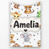 Cute Cartoon Safari Animals with Stars on Light Grey Background  Personalised Custom Name Super Soft Fleece Blanket Bed Sofa Throw