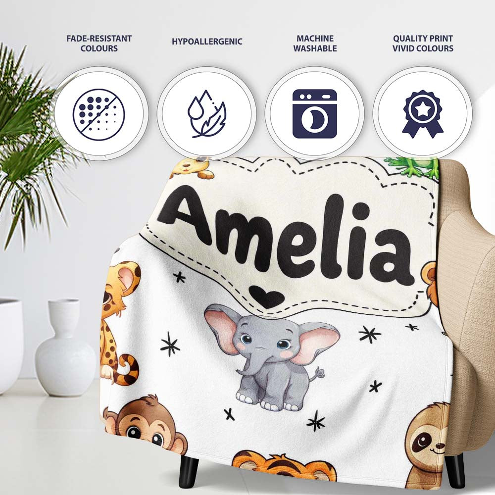 Cute Cartoon Safari Animals with Stars on Light Grey Background  Personalised Custom Name Super Soft Fleece Blanket Bed Sofa Throw