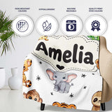 Cute Cartoon Safari Animals with Stars on Light Grey Background  Personalised Custom Name Super Soft Fleece Blanket Bed Sofa Throw