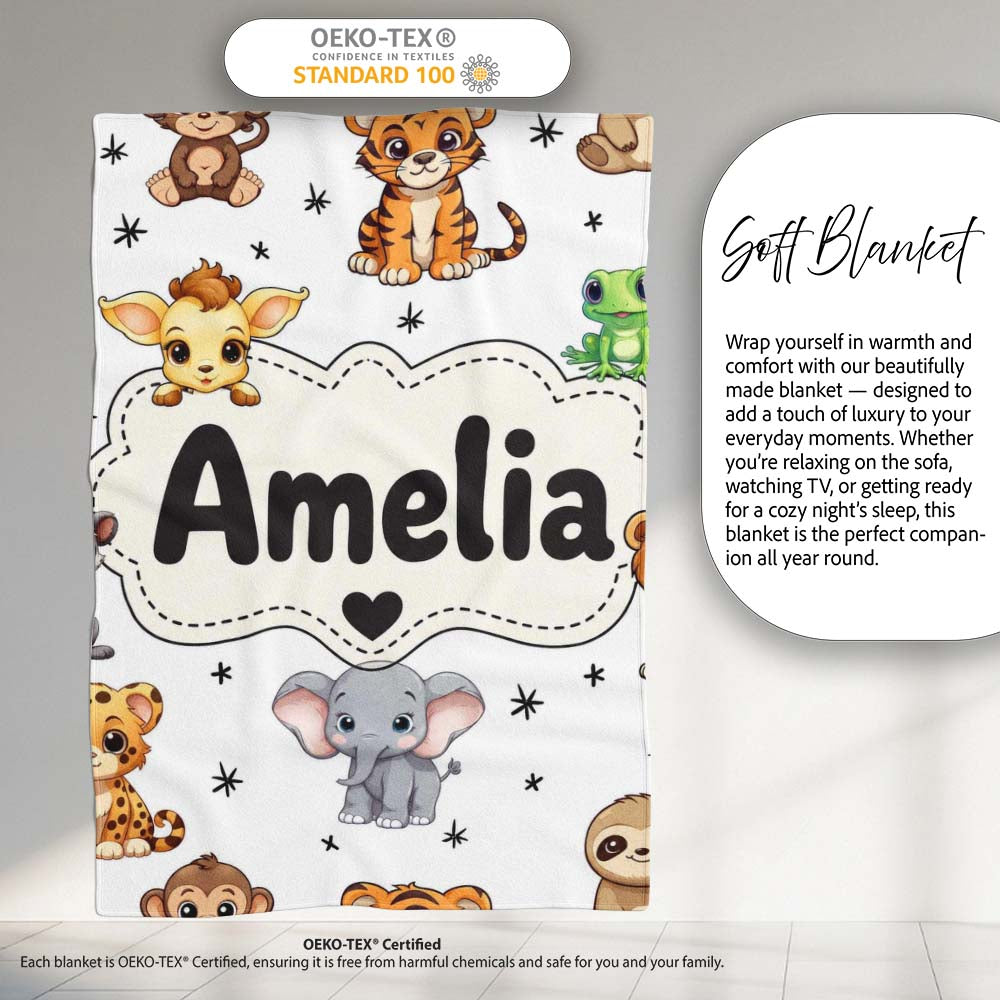 Cute Cartoon Safari Animals with Stars on Light Grey Background  Personalised Custom Name Super Soft Fleece Blanket Bed Sofa Throw