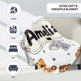 Cute Cartoon Safari Animals with Stars on Light Grey Background  Personalised Custom Name Super Soft Fleece Blanket Bed Sofa Throw