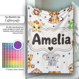 Cute Cartoon Safari Animals with Stars on Light Grey Background  Personalised Custom Name Super Soft Fleece Blanket Bed Sofa Throw